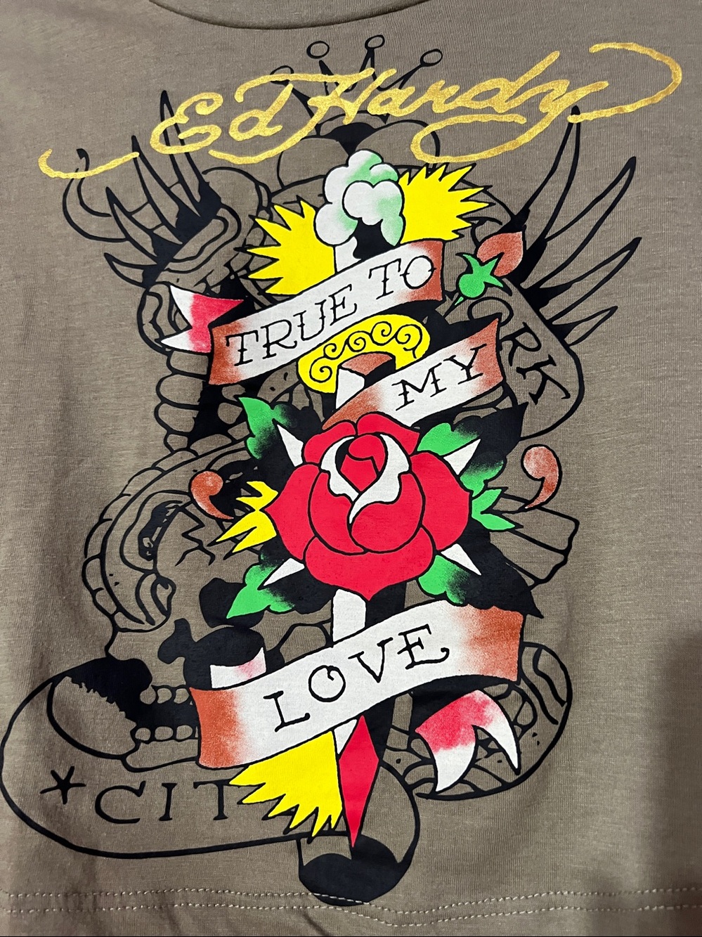 Ed Hardy Women’s Cropped Long-Sleeve Top with Tattoo-Print Sleeves Size Medium - Picture 2 of 7